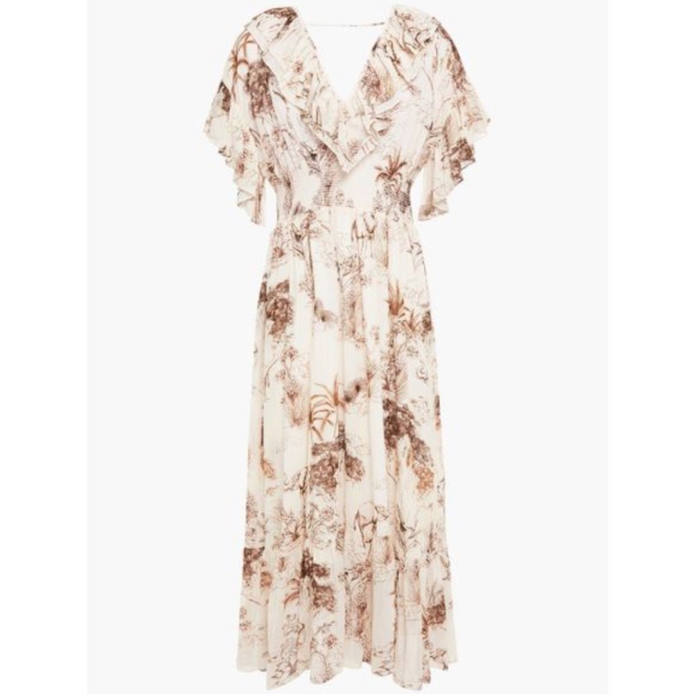 NWT | Sandro Natural Marro Ruffled Printed Gauze Midi | Sz 6 or 38 - Picture 3 of 4
